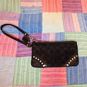 Coach Black Monogram Wristlet with Metal and Patent Leather Details